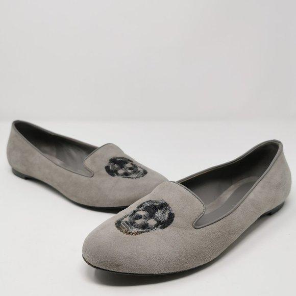 Alexander McQueen Grey Suede Flats Loafers With Sequin Skulls - Picture 2 of 10